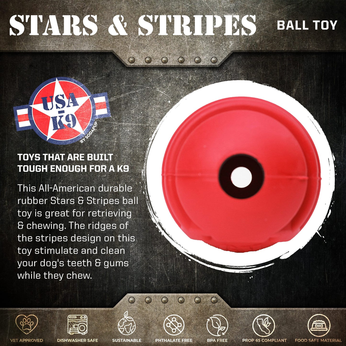 USA-K9 Stars and Stripes Rubber Dog Toy | K9 Handler Reward Toy | Red | USA Made