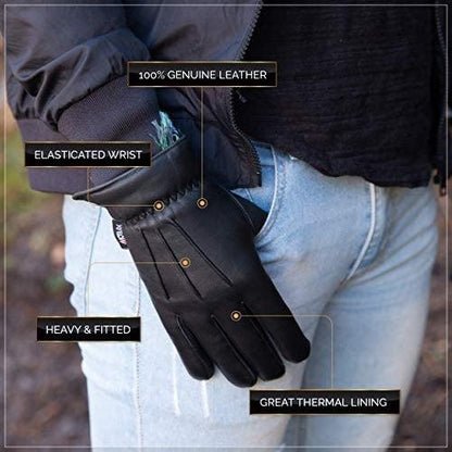 Men’s Warm Winter Dress And Work Gloves, Thermal Lining, Genuine Black Leather
