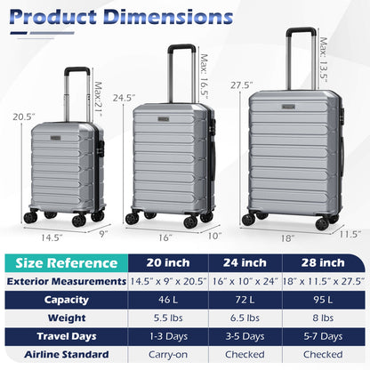3-Piece Hardside Luggage Set Lightweight Hardside Suitcases with 8-Spinner Wheels