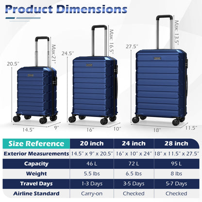 3-Piece Hardside Luggage Set Lightweight Hardside Suitcases with 8-Spinner Wheels