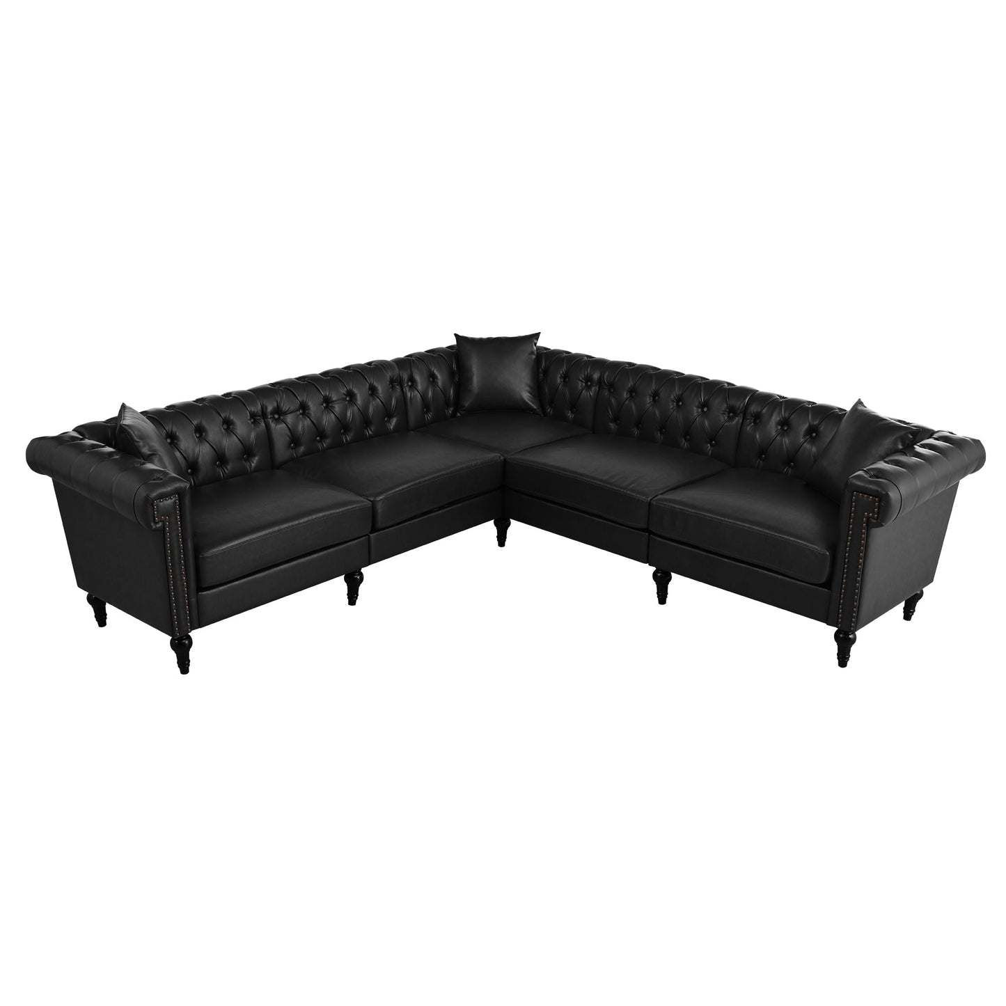Sectional Sofa Couch for Living Room, L Shaped Reversible Modern Chesterfield Sofa with Rolled Arms and Nailhead, 5 Seat Tufted Couch for Small or Large Space(Black) PU Leather