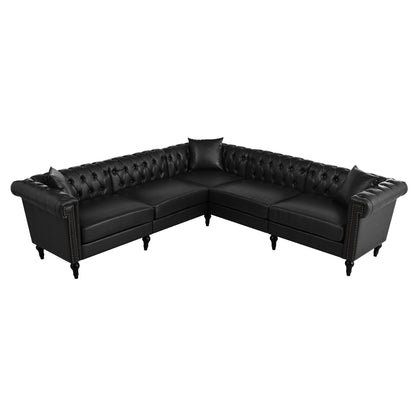Sectional Sofa Couch for Living Room, L Shaped Reversible Modern Chesterfield Sofa with Rolled Arms and Nailhead, 5 Seat Tufted Couch for Small or Large Space(Black) PU Leather