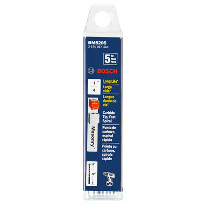 BOSCH BM5205 5 pc. 1/4 In. X 2 In. X 4 In. Fast Spiral Rotary Masonry Drill Bits