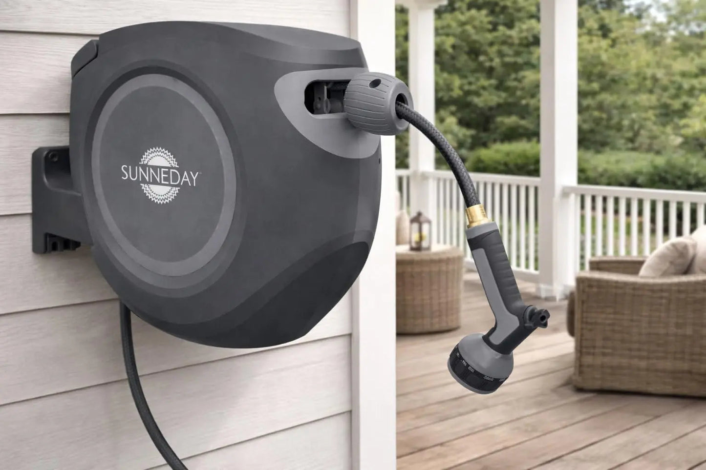 Sunneday Retractable Hose Reel | 100 ft | Auto Rewind | 180° Swivel Wall Mount | Black/Gray | 1/2" & 5/8"