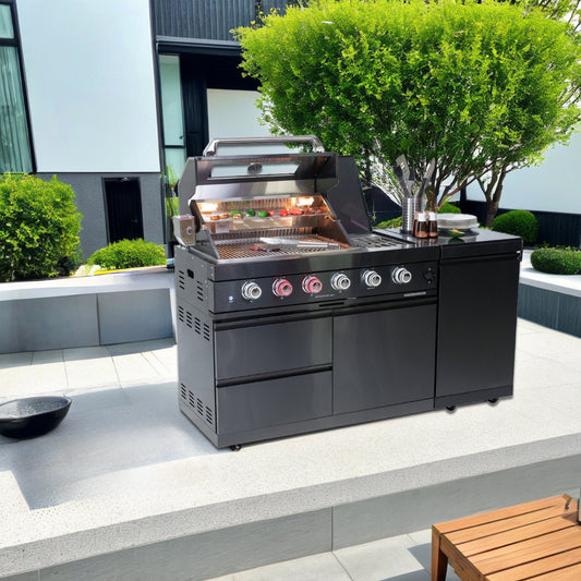 65" 4-Burner 72,000 BTU Black Outdoor Kitchen Island Grill + Side Burner + Rotisserie kit