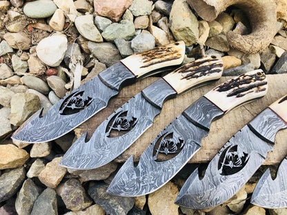 Deer Knives – 10" Wire-Cut Damascus Steel Blade with Antler Horn Handle & Leather Sheath