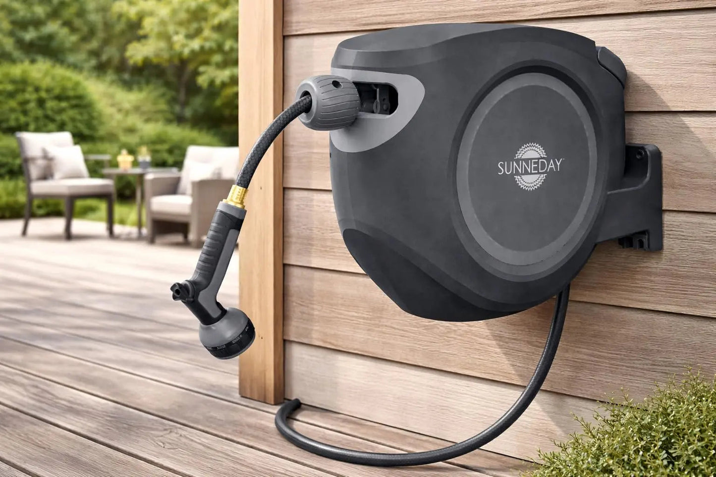 Sunneday Retractable Hose Reel | 100 ft | Auto Rewind | 180° Swivel Wall Mount | Black/Gray | 1/2" & 5/8"