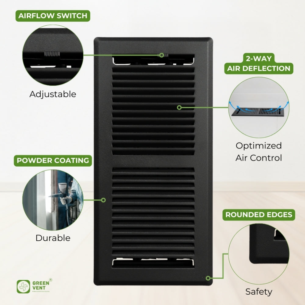 4x10 Steel Matte Black Floor Register – 2 Way Airflow, With Removable Mesh Filter, Dust & Bug Protection