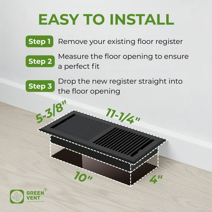4x10 Steel Matte Black Floor Register Pack 2 – 2 Way Airflow, With Removable Mesh Filter, Dust & Bug Protection