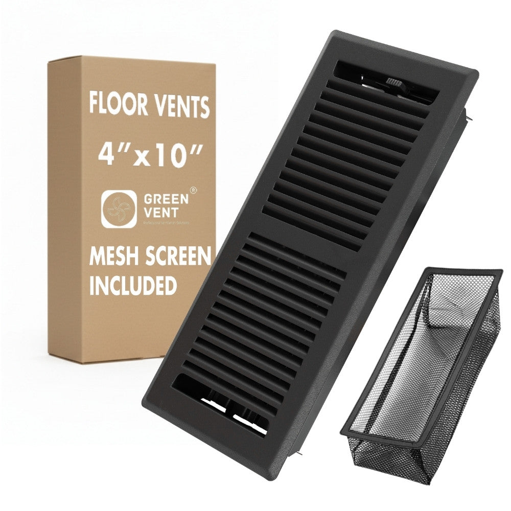 4x10 Steel Matte Black Floor Register – 2 Way Airflow, With Removable Mesh Filter, Dust & Bug Protection
