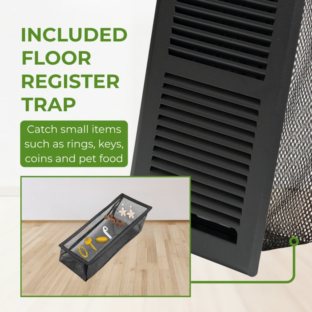 4x10 Steel Matte Black Floor Register Pack 2 – 2 Way Airflow, With Removable Mesh Filter, Dust & Bug Protection