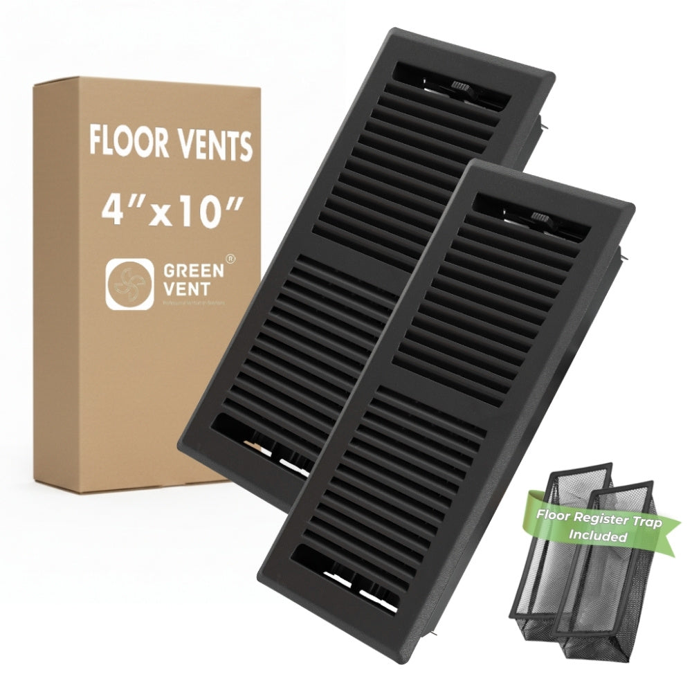 4x10 Steel Matte Black Floor Register Pack 2 – 2 Way Airflow, With Removable Mesh Filter, Dust & Bug Protection