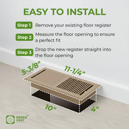 4x10 Steel Brown Floor Register Pack 2 – 2 Way Airflow, With Removable Mesh Filter, Dust & Bug Protection