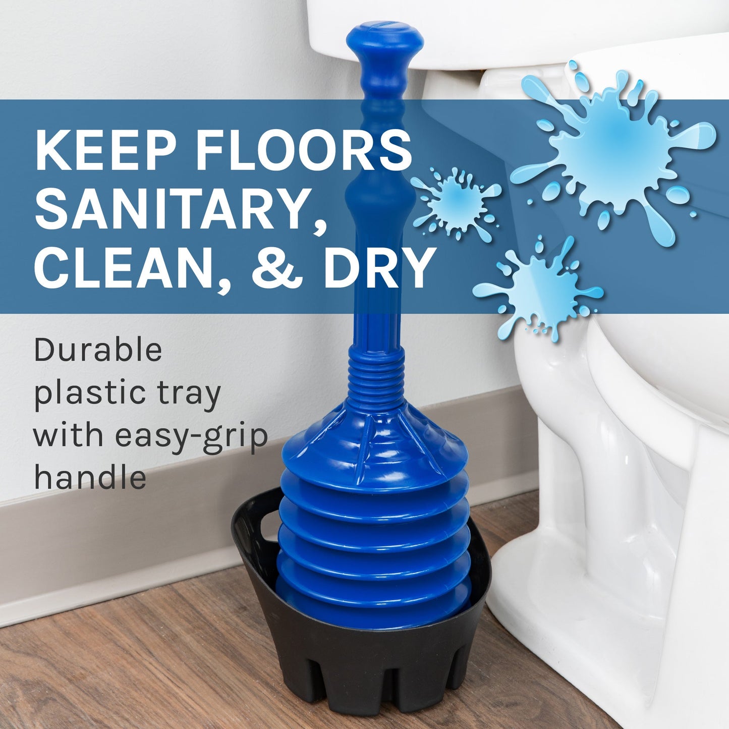 Antimicrobial Bellows Accordion Toilet Plunger with Black Storage Tray (Blue)