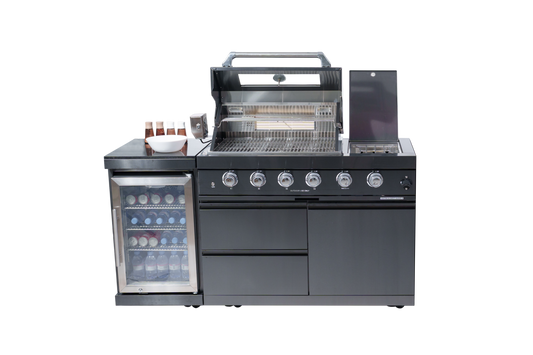 65" 4-Burner 72,000 BTU Black Outdoor Kitchen Island Grill + Wine Cooler + Rotisserie Kit