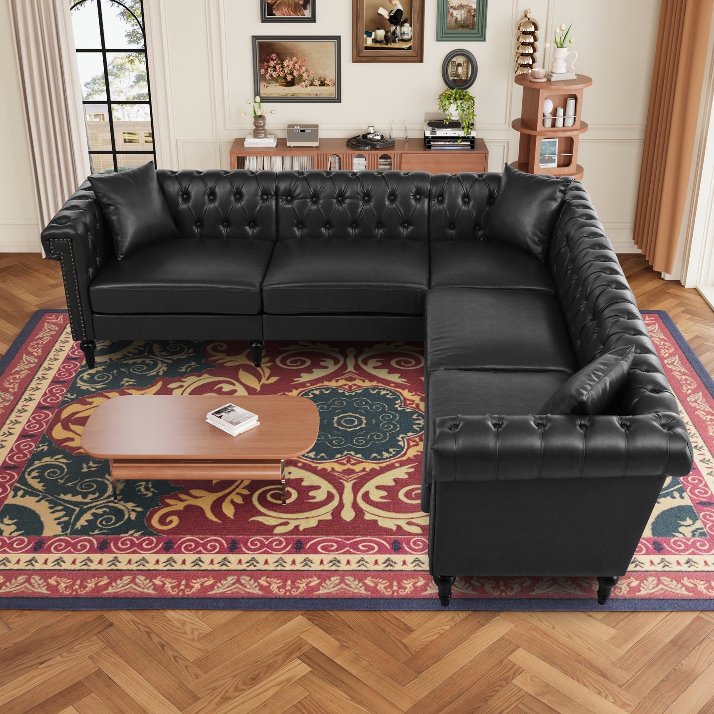 Sectional Sofa Couch for Living Room, L Shaped Reversible Modern Chesterfield Sofa with Rolled Arms and Nailhead, 5 Seat Tufted Couch for Small or Large Space(Black) PU Leather