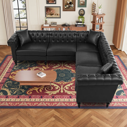 Sectional Sofa Couch for Living Room, L Shaped Reversible Modern Chesterfield Sofa with Rolled Arms and Nailhead, 5 Seat Tufted Couch for Small or Large Space(Black) PU Leather