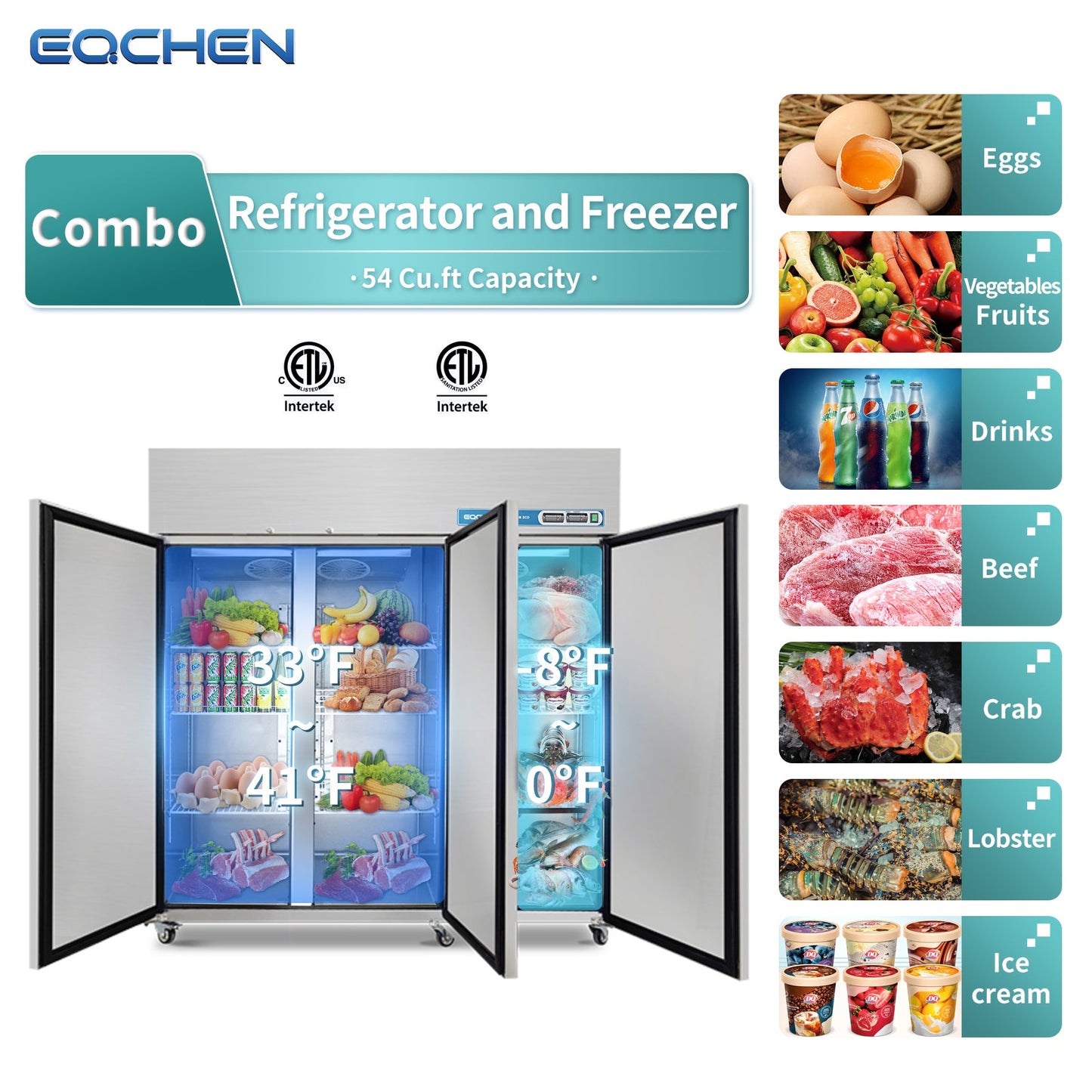Commercial Fridge and Freezer Combo, EQCHEN 72" 3 door Reach-In Commercial Refrigerator and Freezer Combination