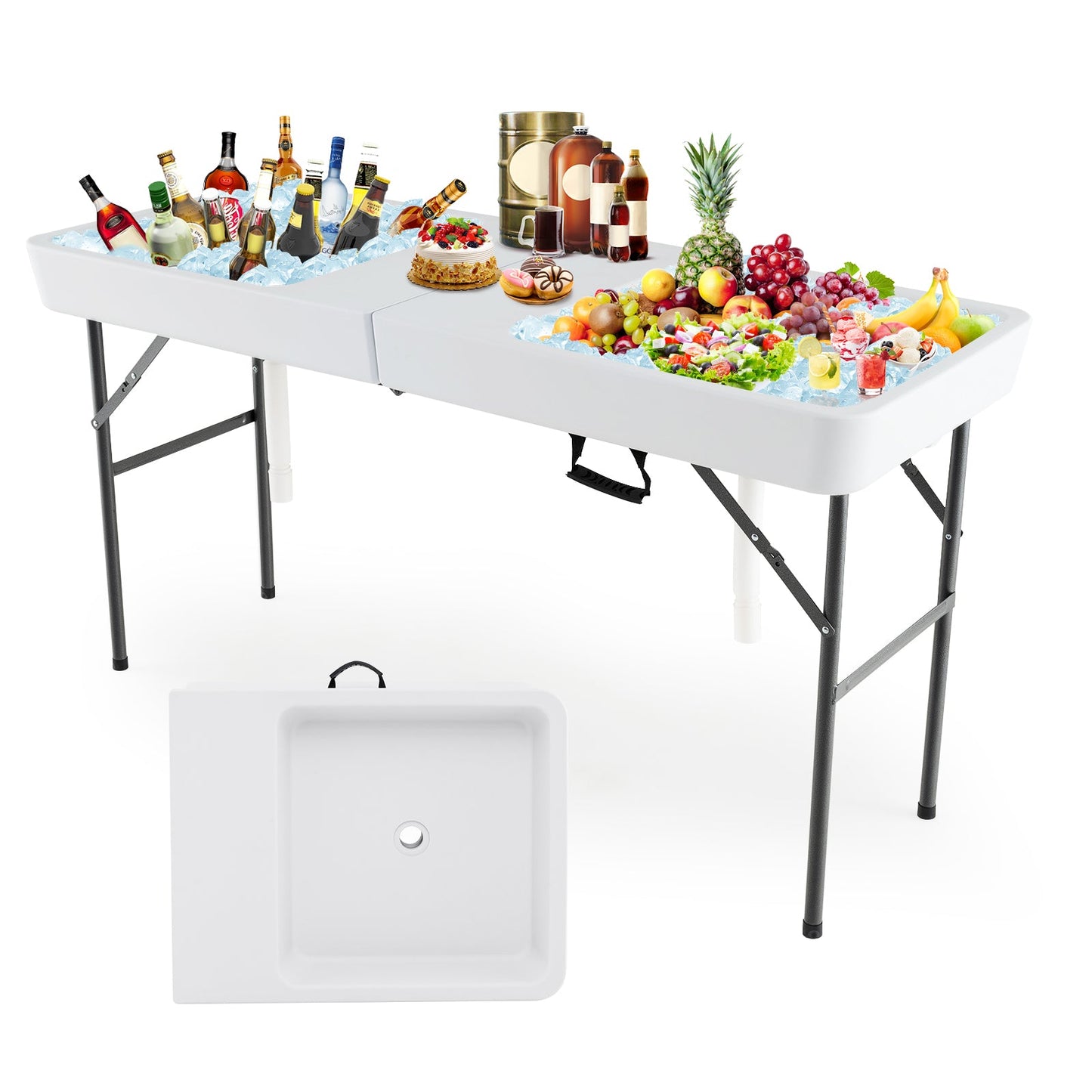 5 FT Folding Ice Cooler Table with Double Sinks for Camping Party Picnic Wedding-White