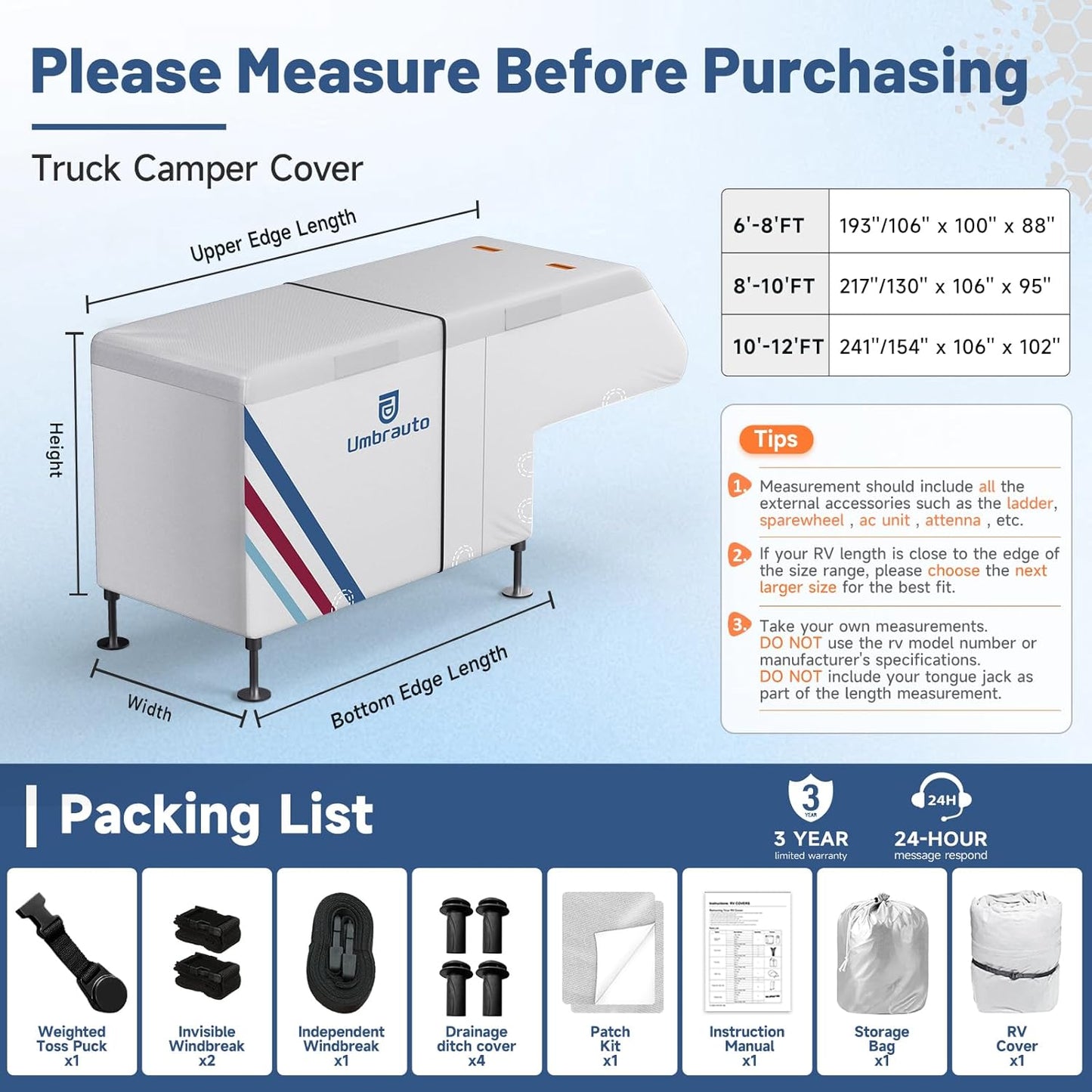 Umbrauto Truck Camper Cover for  Slide-in Campers ¨C 300D Oxford Waterproof RV Cover, Silver-Coated, All-Weather Protection with Windproof Straps & Air Vents