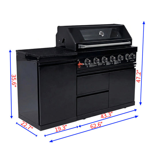 63" 6-Burner 85,000 BTU Black Outdoor Kitchen Island Grill + Marble Countertops