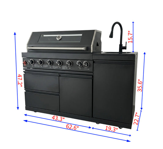 63" 6-Burner 85000 BTU Black Outdoor Kitchen Island Grill + Marble Countertops + Sink
