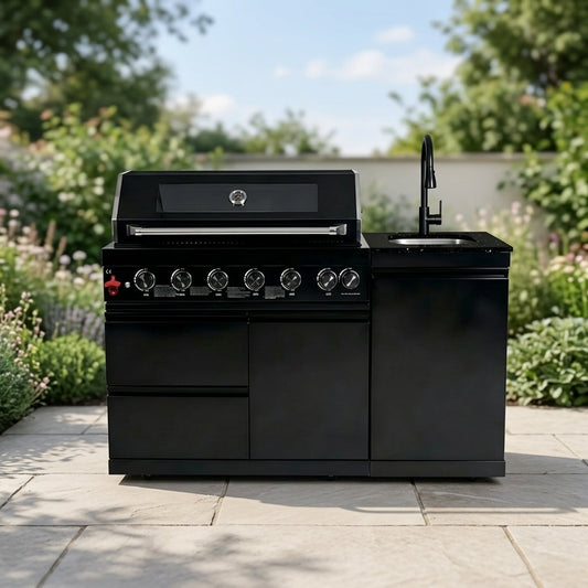 63" 6-Burner 85000 BTU Black Outdoor Kitchen Island Grill + Marble Countertops + Sink
