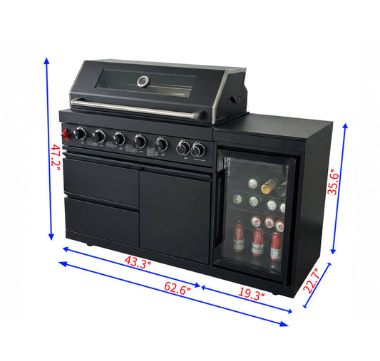 63" 6-Burner Black Outdoor Kitchen Island Grill + Fridge