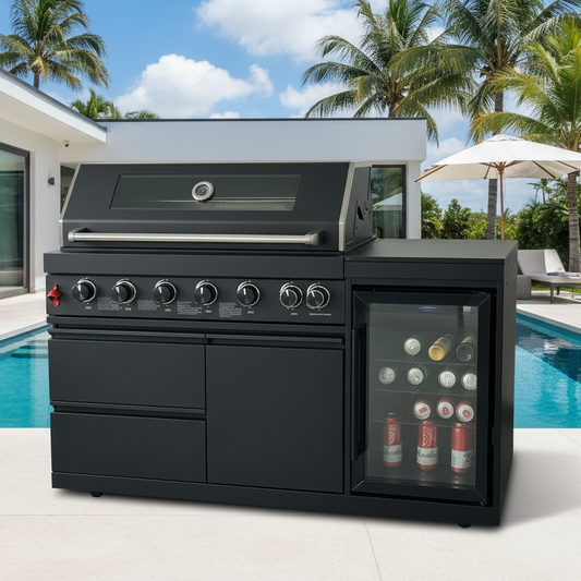 63" 6-Burner Black Outdoor Kitchen Island Grill + Fridge