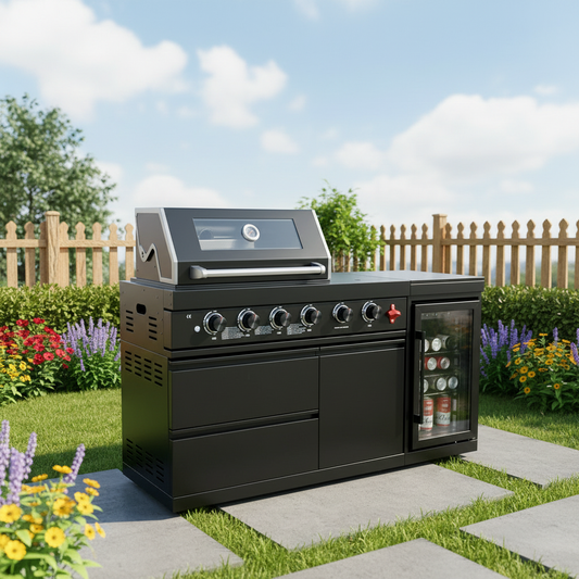 65" 4-Burner 72,000 BTU Black Outdoor Kitchen Island Grill Marble Countertops Wine Cooler
