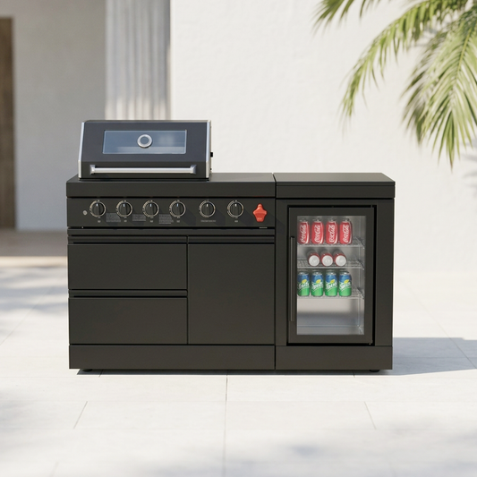 65" 4-Burner 72,000 BTU Black Outdoor Kitchen Island Grill Marble Countertops Wine Cooler