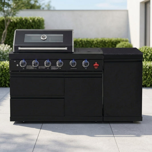 65" 4-Burner 72,000 BTU Black Outdoor Kitchen Island Grill +Side Burner + Marble Countertops