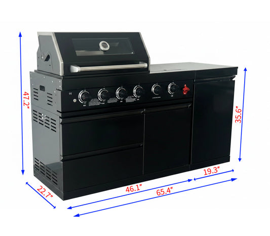65" 4-Burner 72,000 BTU Black Outdoor Kitchen Island Grill +Side Burner + Marble Countertops