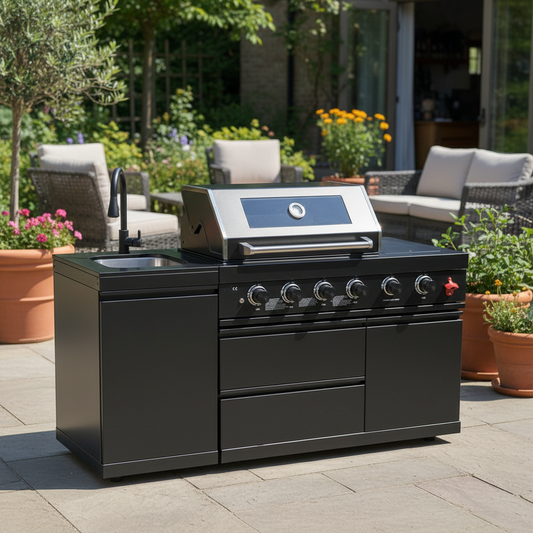 65" 4-Burner 72,000 BTU Black Outdoor Kitchen Island Grill + Round Side Burner