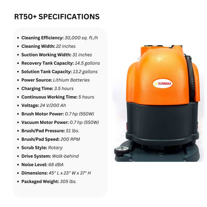22" Battery-Powered Floor Scrubber Machine | RT50+ Lithium Warehouse Floor Cleaner