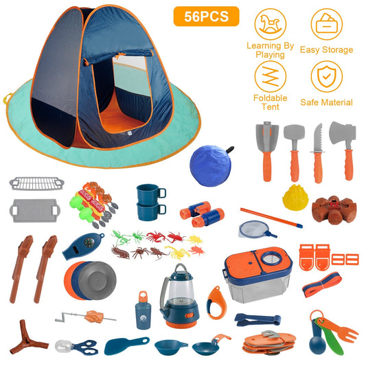 56Pcs Kids Camping Toy Set With Playtent Pretend Oil Lamp Telescope Bonfire Compass Role Play Camping Set For Over 3 Years Old Boy Girl Toddlers Campi
