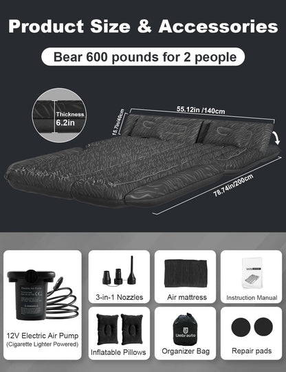 Umbrauto 63in Extended SUV Mattress Quick Inflate, Includes Pump & 2 Pillows,Black
