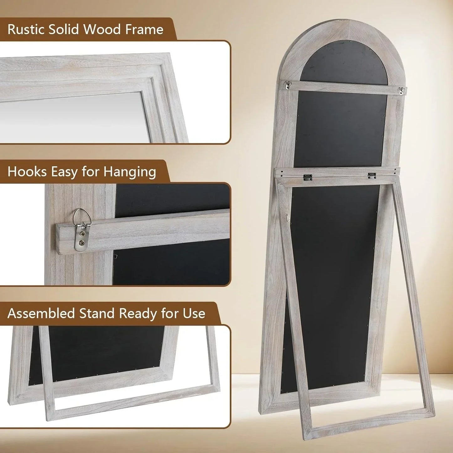 MELOMOIR Arched Full Length Mirror with Solid Wood Frame, Rustic Farmhouse Floor Mirror with Stand, Free Standing Leaning Hanging, for Bedroom Living Room Dressing Room
