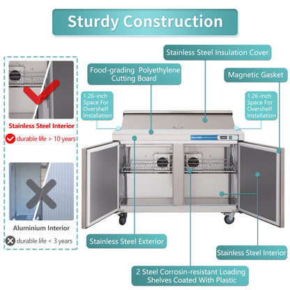 60 inch Salad Sandwich Prep Table Refrigerator, Stainless Steel Food Prep Cooler