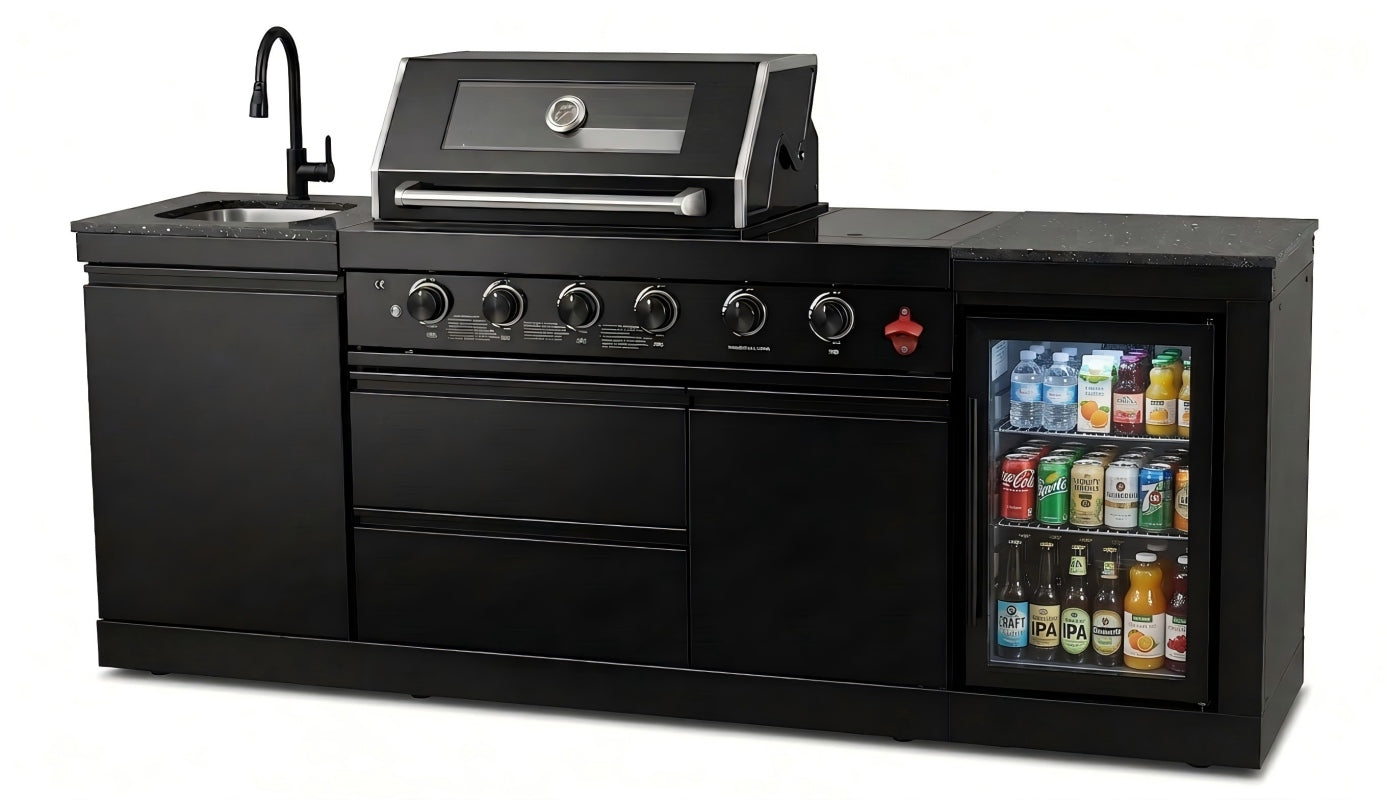 85" 4-Burner 72000 BTU Black Outdoor Kitchen Island Grill with Compact Refrigerator Marble Countertops Sink