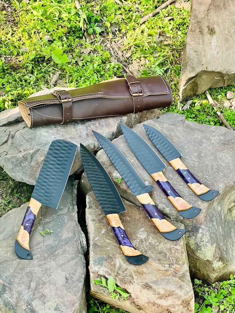Best Knife Block Set – 13" Forged Stainless Steel Chef Knife with Olivewood & Epoxy Resin Handle + Leather Sheath