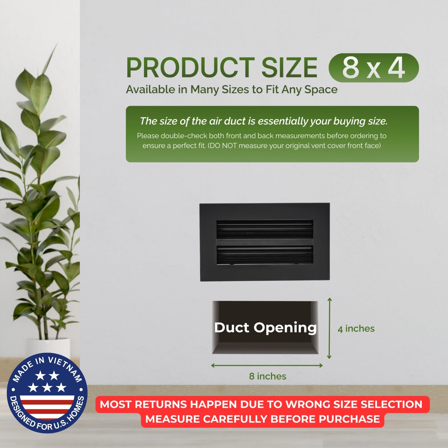 Aluminum Black Linear Slot Diffuser 8x4 (Duct Opening) - Modern Air Vent Cover