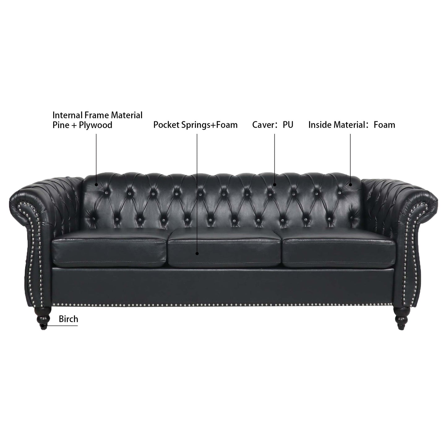 Man Cave 84.65' Arm Chesterfield Three Seater Sofa