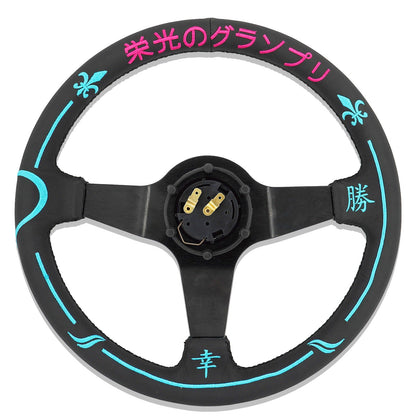 Universal 350mm 3"Deep Dish 6-Bolt Steering Wheel Black Leather Adrenaline Chaser