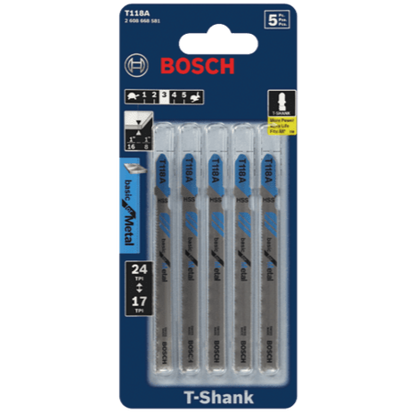 BOSCH T118A 5 pc. 3-5/8 In. 17-24 TPI Basic for Metal T-Shank Jig Saw Blades