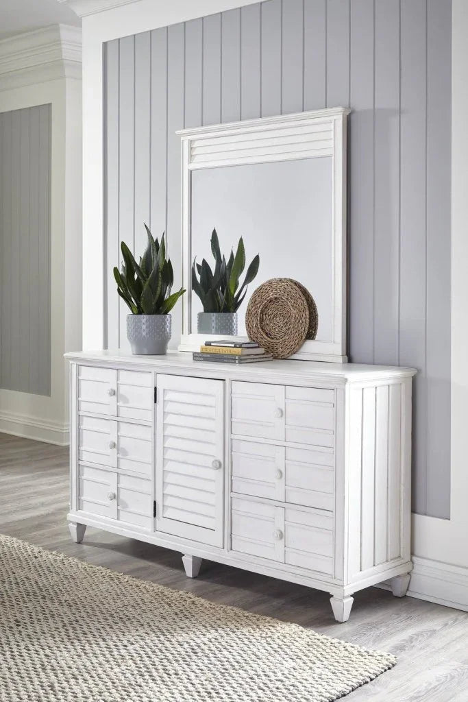 Cane Bay Louvered Door White Dresser and Mirror