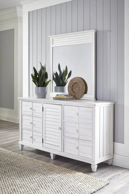 Cane Bay Louvered Door White Dresser and Mirror