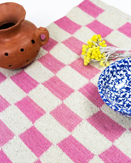 Zapotec Checkered Rug in Pink & Ivory