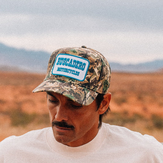 'Blue Barrel' 5 Panel Mid Profile Mesh Trucker Hat - Camo
