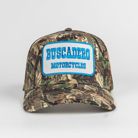 'Blue Barrel' 5 Panel Mid Profile Mesh Trucker Hat - Camo